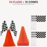 4E's Novelty 38 Pieces Set - 12 Traffic Cones With Hole on Top, 24 Checkered Flags, Racetrack Floor Runner - for For Race Car Birthday Party Supplies, Table Centerpiece Decorations Kids Gift