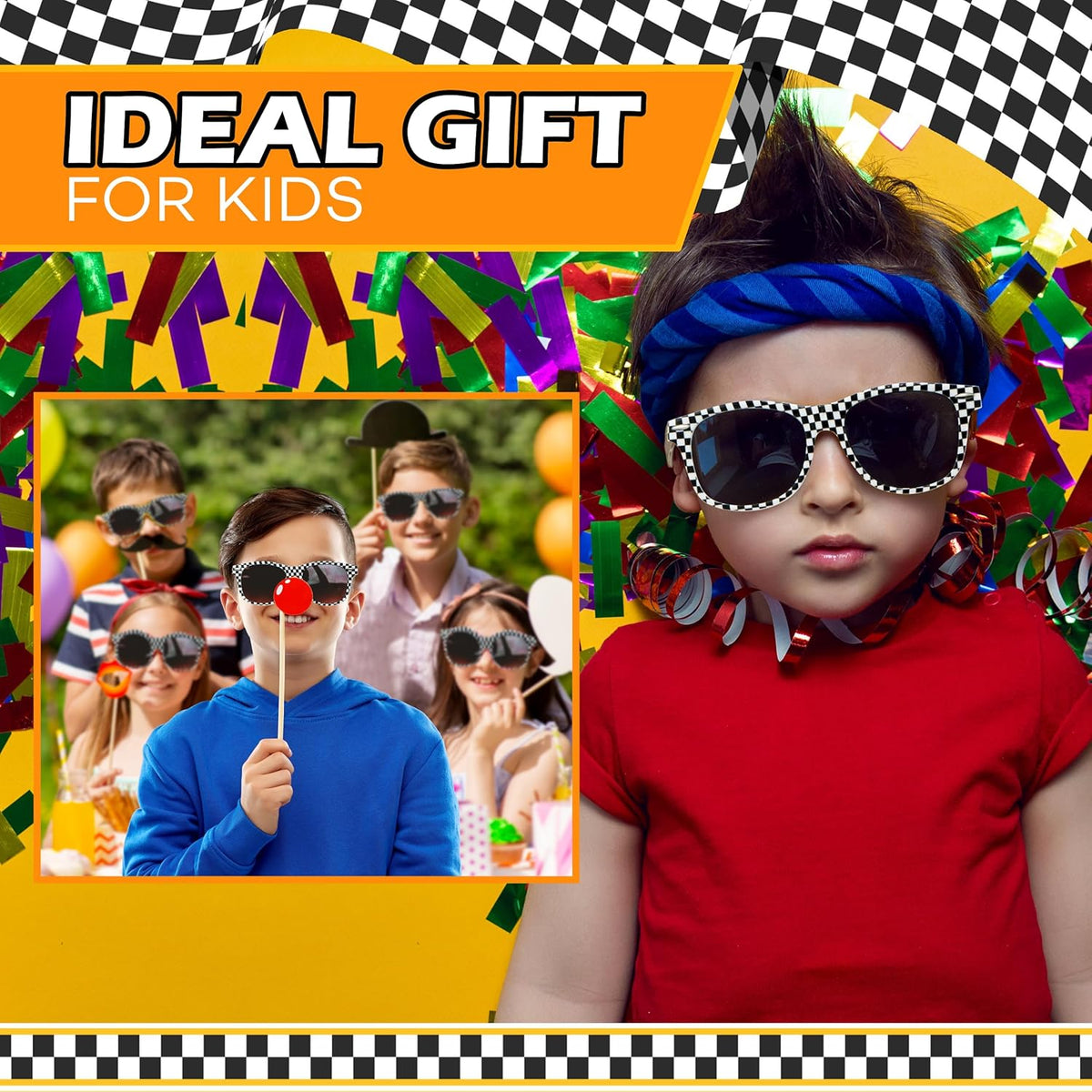 4E's Novelty 12 Pack Checkered Race Car Sunglasses - Party Favors for Kids & Adults