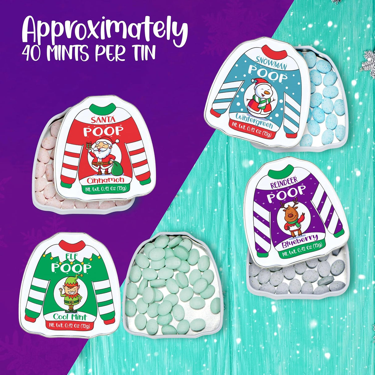 4E's Novelty Christmas Poop Mint Candy – Funny Stocking Stuffers in Ugly Sweater Tins (4 Pack)