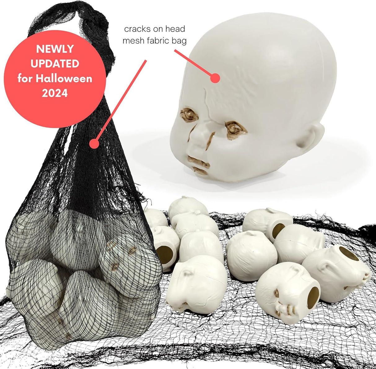 4E's Novelty Doll Heads Halloween Decorations, 12 Pcs Baby Doll Heads in Mesh Bag, 3.5" Baby Doll Heads for Halloween Perfect Decor