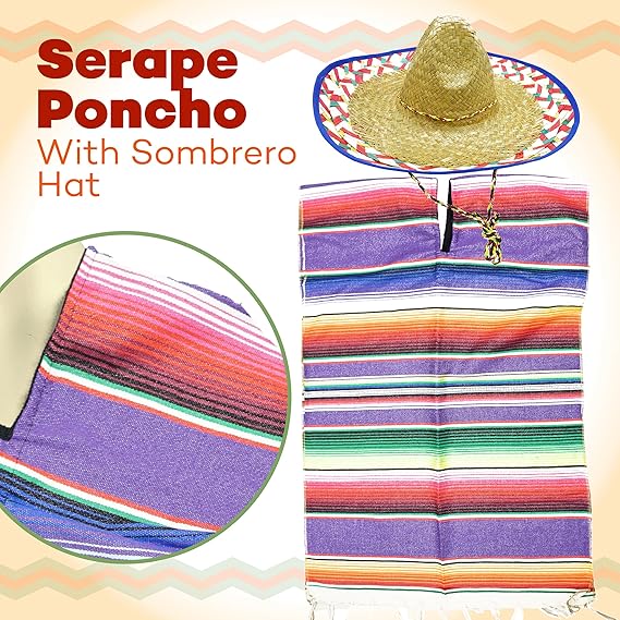 4E's Novelty Mexican Serape Poncho with Sombrero Hat Costume – Fiesta Party Dress Up