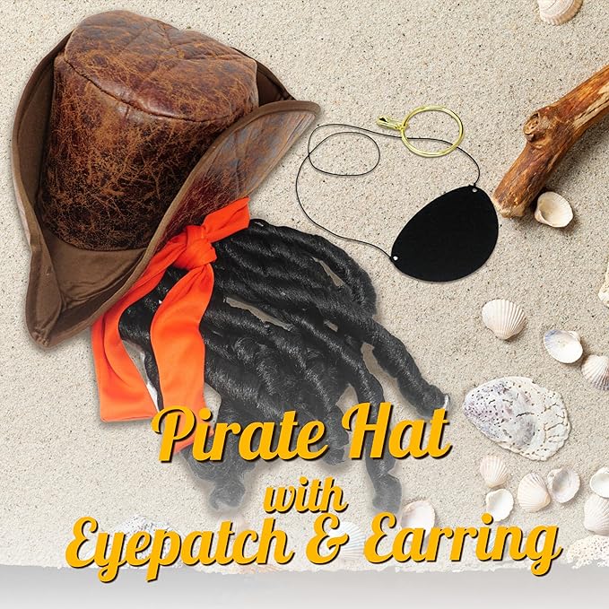 4E's Novelty 3 Pcs Set Pirate Hat with Dreadlocks Adult Size - Tricorn Pirate Hat - Caribbean Pirate Costume Accessories for Men Women & Kids Dress Up