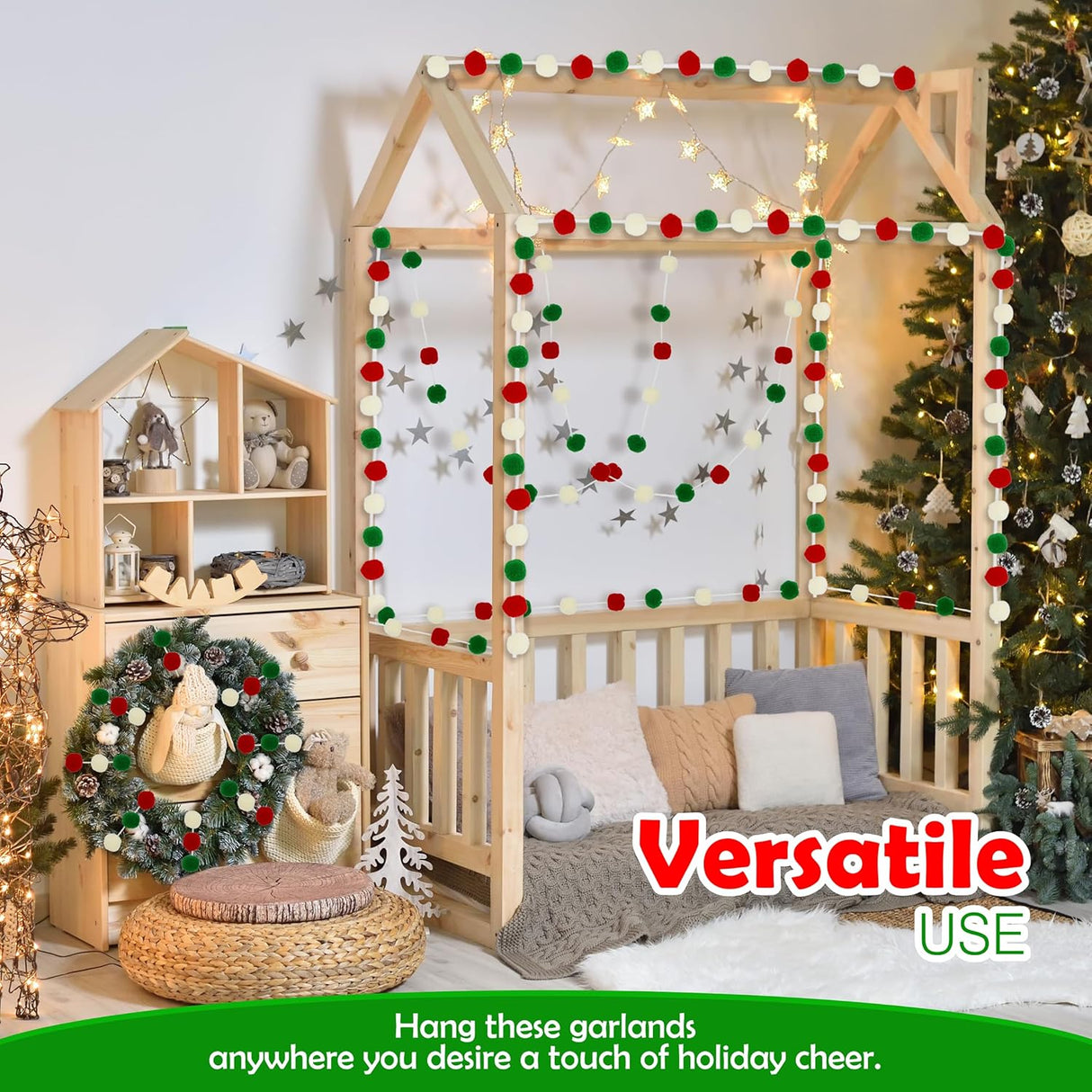 4E's Novelty 3 Pack Christmas Pom Poms Garland, 7ft Each, Red, White, Green Felt Ball Garland for Christmas Tree & Décor