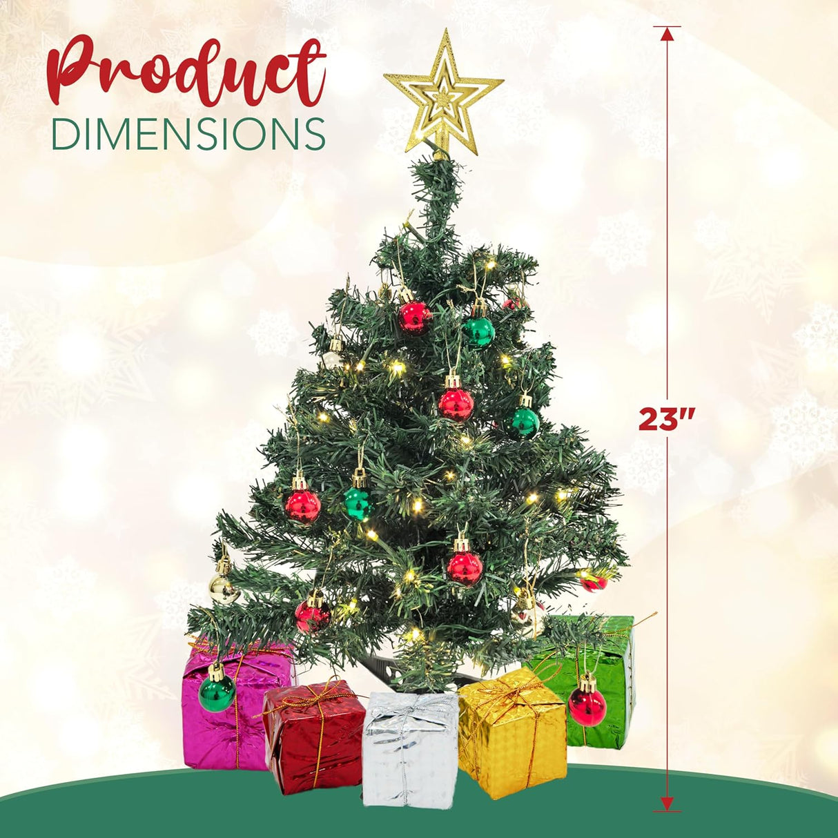 4E's Novelty 23" Pre-Lit Mini Christmas Tree with Star Topper – Desk Tabletop Holiday Decor with Colorful Ornaments and Gift Boxes