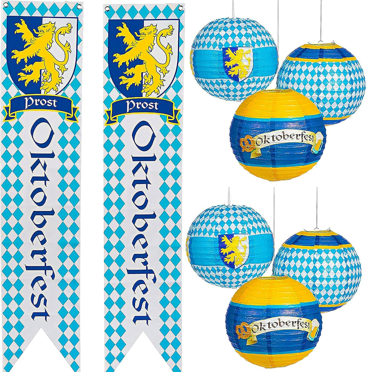 8 Pcs Oktoberfest Party Supplies - 6 Hanging Paper Lanterns & 2 Oktoberfest Banners