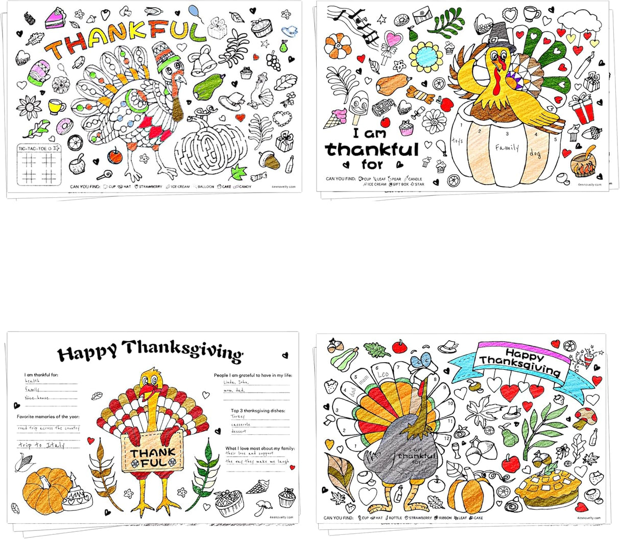 4E's Novelty 12 Pack Thanksgiving Placemat Activity for Kids & Adults - Perfect Disposable Paper Placemats 11x17, Fall Turkey Table Decor & Crafts