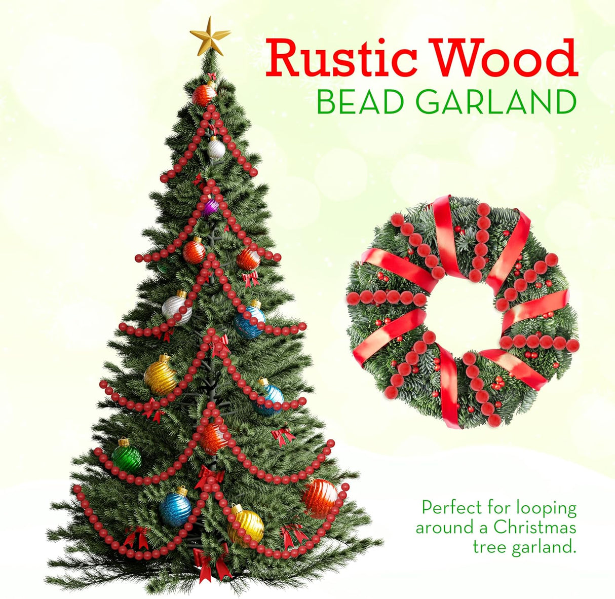 4E's Novelty 9-Foot Red Wooden Cranberry Garland – Rustic Wood Bead Garland for Cozy Christmas Tree Decor, Vintage Christmas Garland