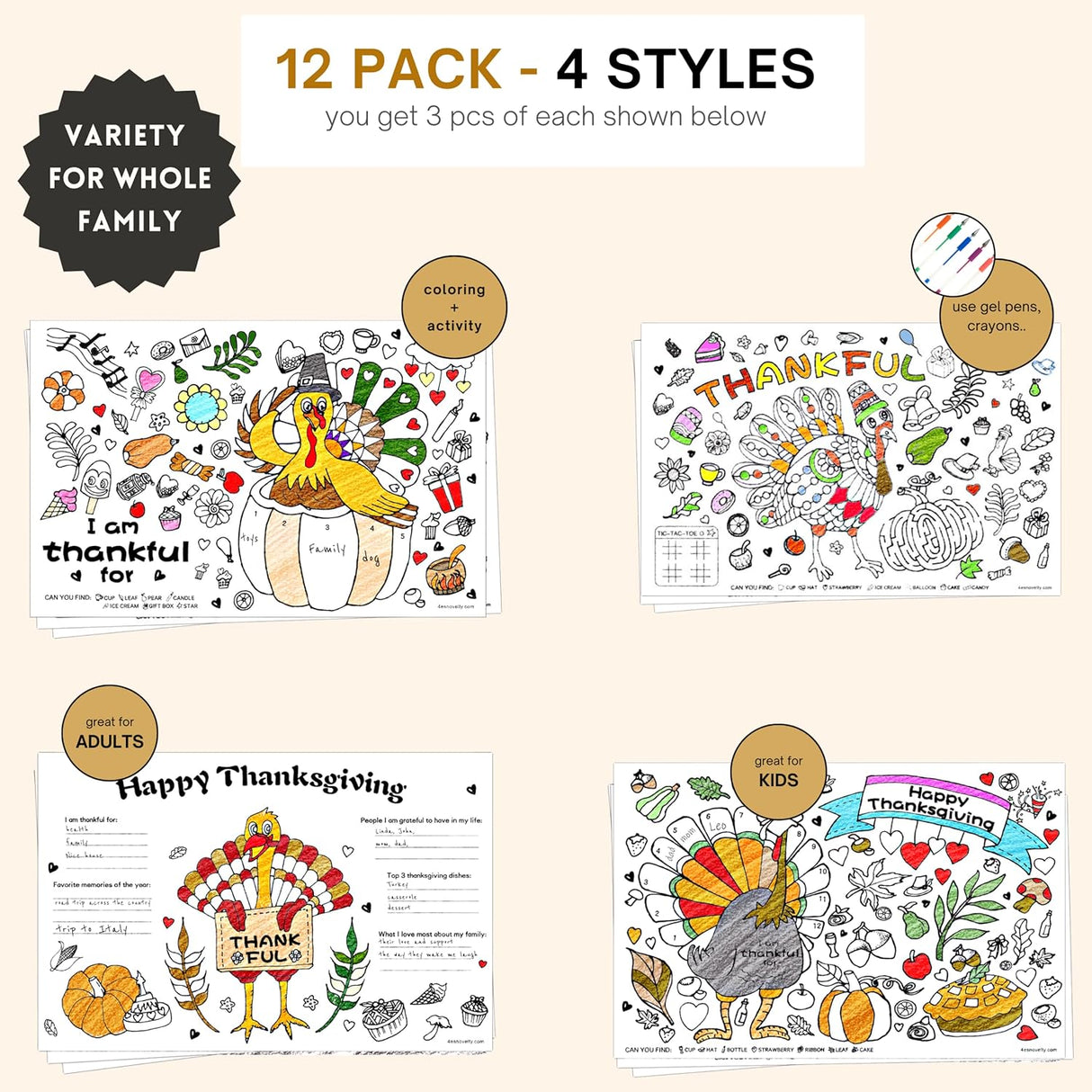 4E's Novelty 12 Pack Thanksgiving Placemat Activity for Kids & Adults - Perfect Disposable Paper Placemats 11x17, Fall Turkey Table Decor & Crafts