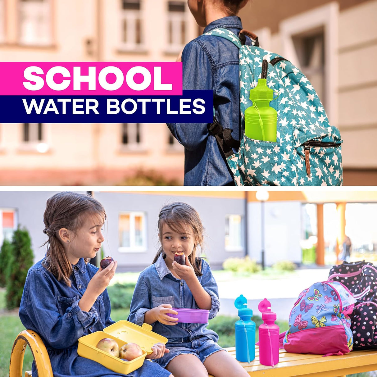 4E's Novelty 22 Pack Water Sports Bottles for Kids Bulk, 18 oz Squeeze Reusable Plastic Neon Colors BPA Free Bike Water Bottles, Party Favor, End of Year Student Gifts from Teacher