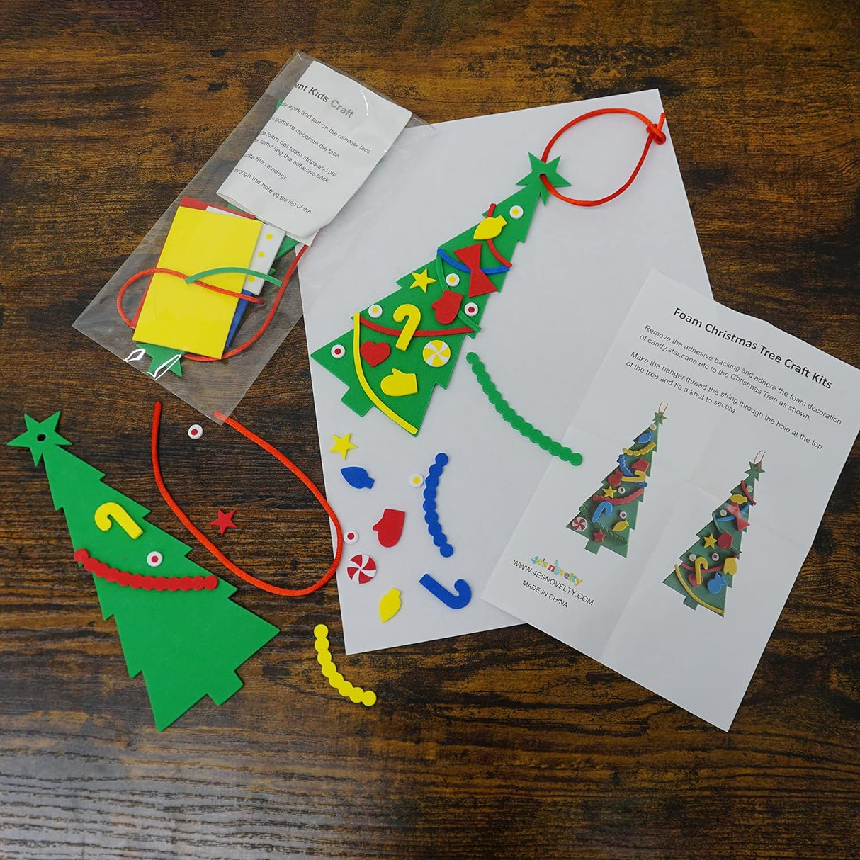 4E's Novelty 24 Pack Christmas Tree Craft Kit - Individually Wrapped Ornament Decorating Kit for Kids 3-12, Self Adhesive DIY Christmas Tree for Kids