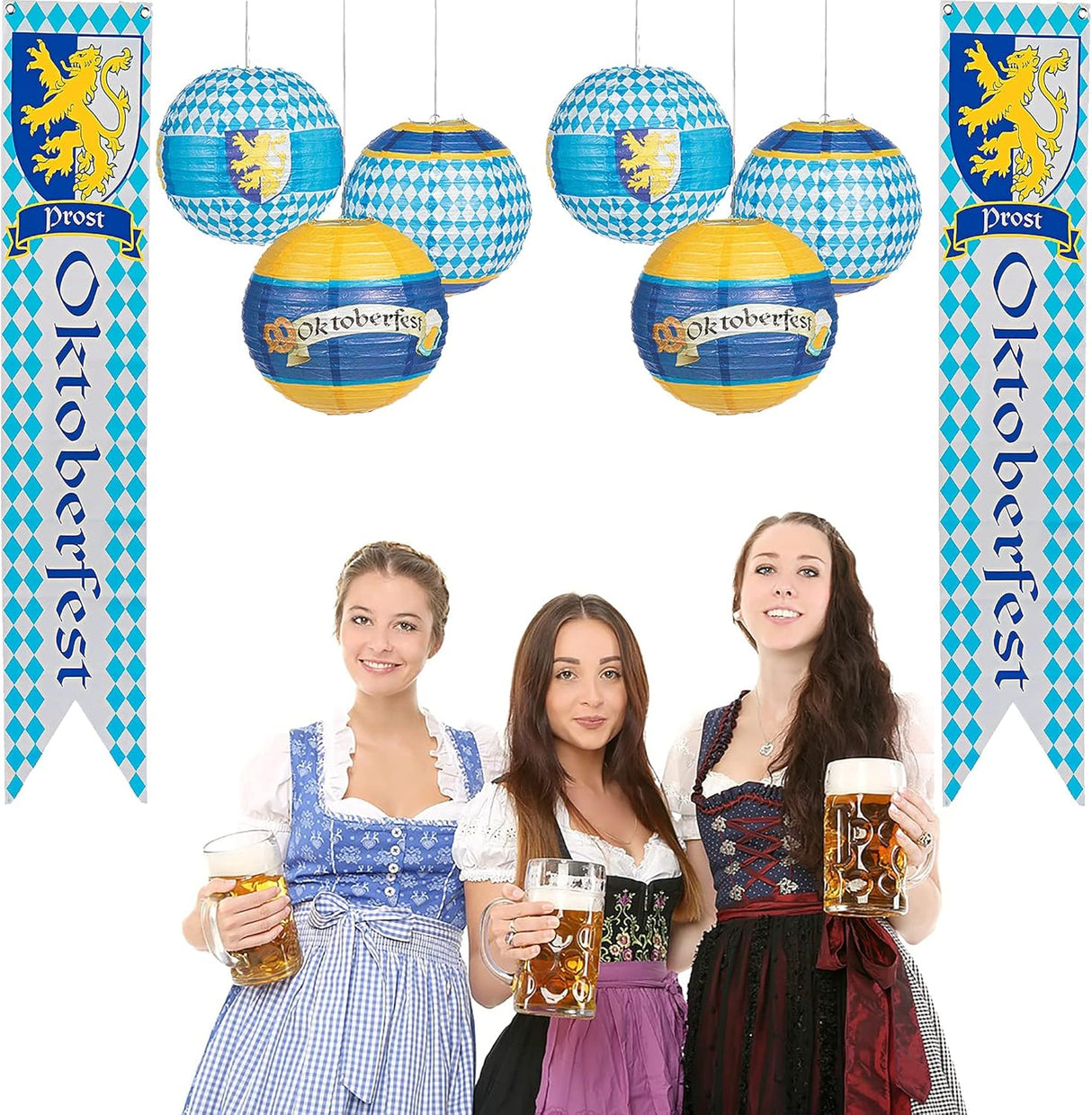 8 Pcs Oktoberfest Party Supplies - 6 Hanging Paper Lanterns & 2 Oktoberfest Banners