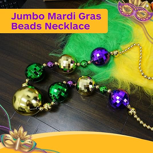 45E's Novelty 2 Pack Jumbo Mardi Gras Beads Necklace – 44" Giant Disco Ball Beads, Festive Colors for Party and Parade