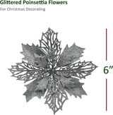 4E's Novelty 12 Pcs Silver Poinsettia Christmas Decorations – 6" Sparkly Artificial Flowers for Tree, Wreaths & Garlands