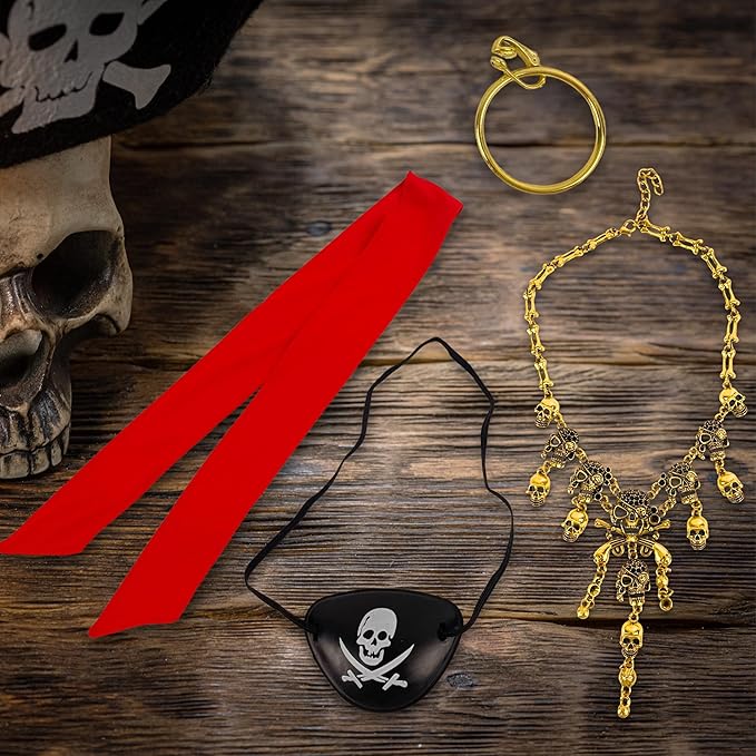 4E's Novelty Captain Pirate Costume Accessories 4Pcs Set Red Headband Bandana Head Scarf