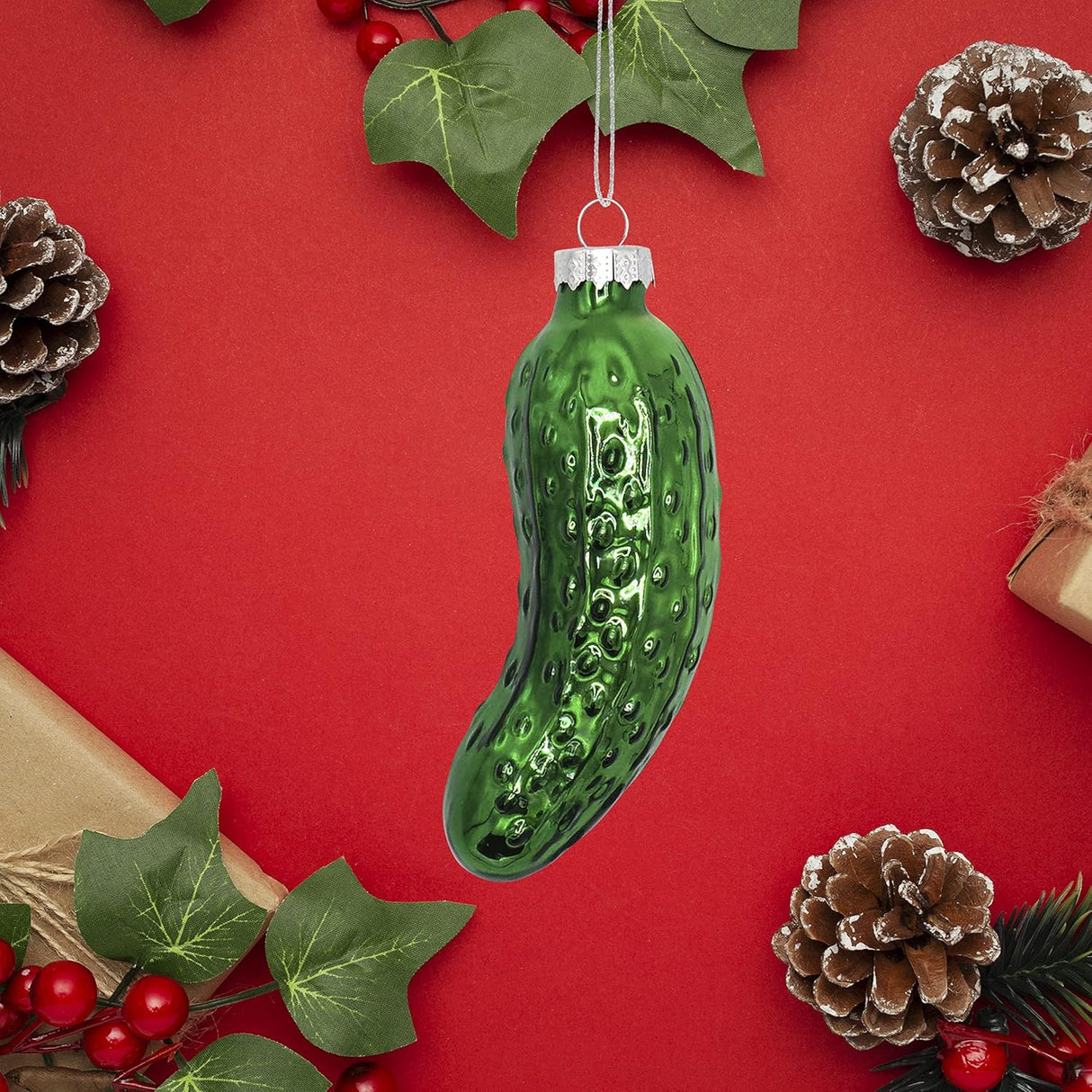 4E's Novelty Blown Glass Pickle Ornament - Christmas Pickle Decoration, 4’’ Pickle Ornaments for Christmas Tree & Pickle Ornament in Metallic Green