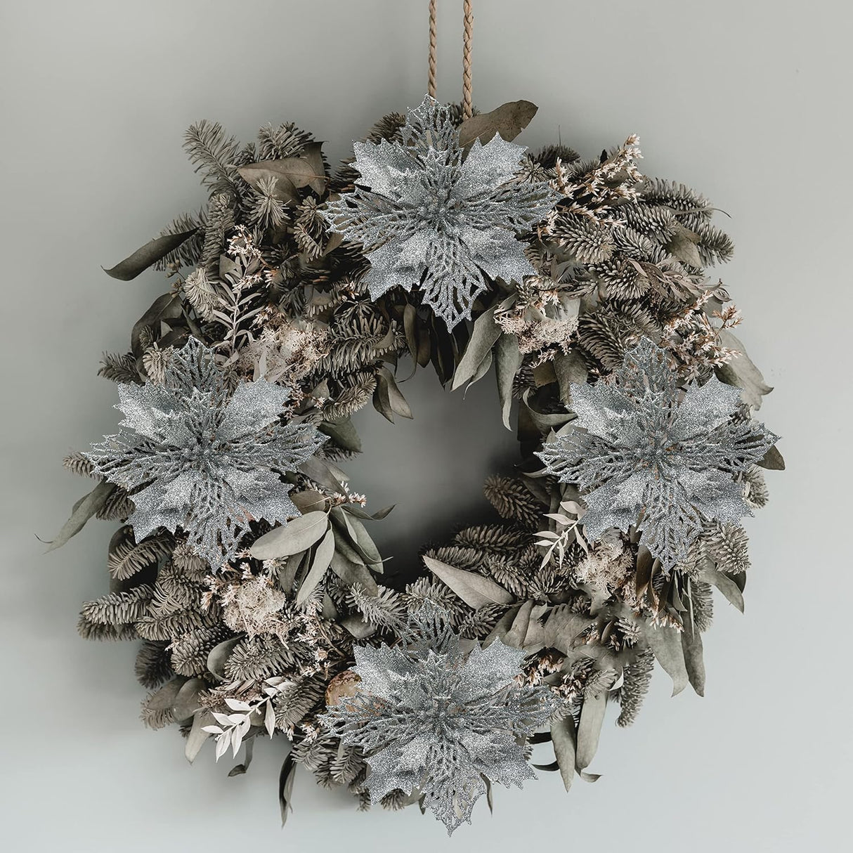 4E's Novelty 12 Pcs Silver Poinsettia Christmas Decorations – 6" Sparkly Artificial Flowers for Tree, Wreaths & Garlands