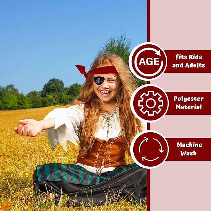 4E's Novelty Captain Pirate Costume Accessories 4Pcs Set Red Headband Bandana Head Scarf