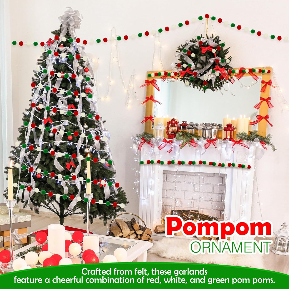 4E's Novelty 3 Pack Christmas Pom Poms Garland, 7ft Each, Red, White, Green Felt Ball Garland for Christmas Tree & Décor