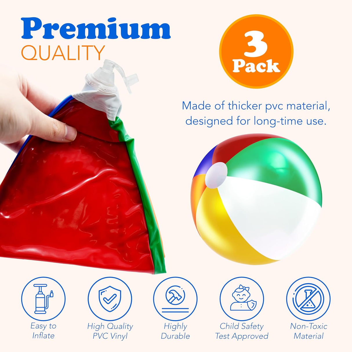 4E's Novelty 3 Pack Inflatable Beach Balls – 24" Classic Rainbow Pool Balls for Swimming Pool Fun