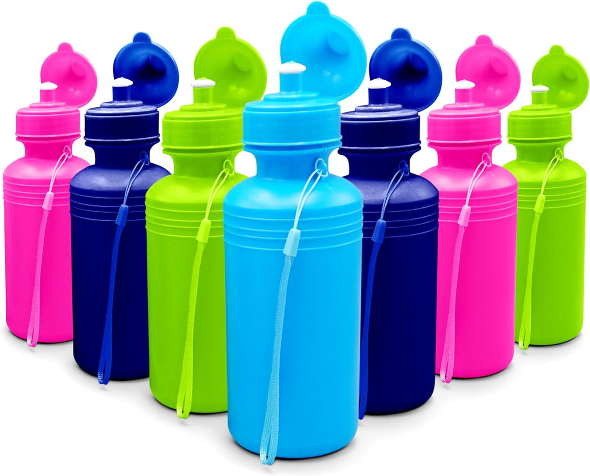 4E's Novelty Bulk Water Sports Bottles for Kids 18 oz - 12 Pack Squeeze Reusable Plastic, Neon Colors, BPA Free, Kids Water Bottles Party Favor Gift Giveaways, End of Year Student Gifts from Teacher