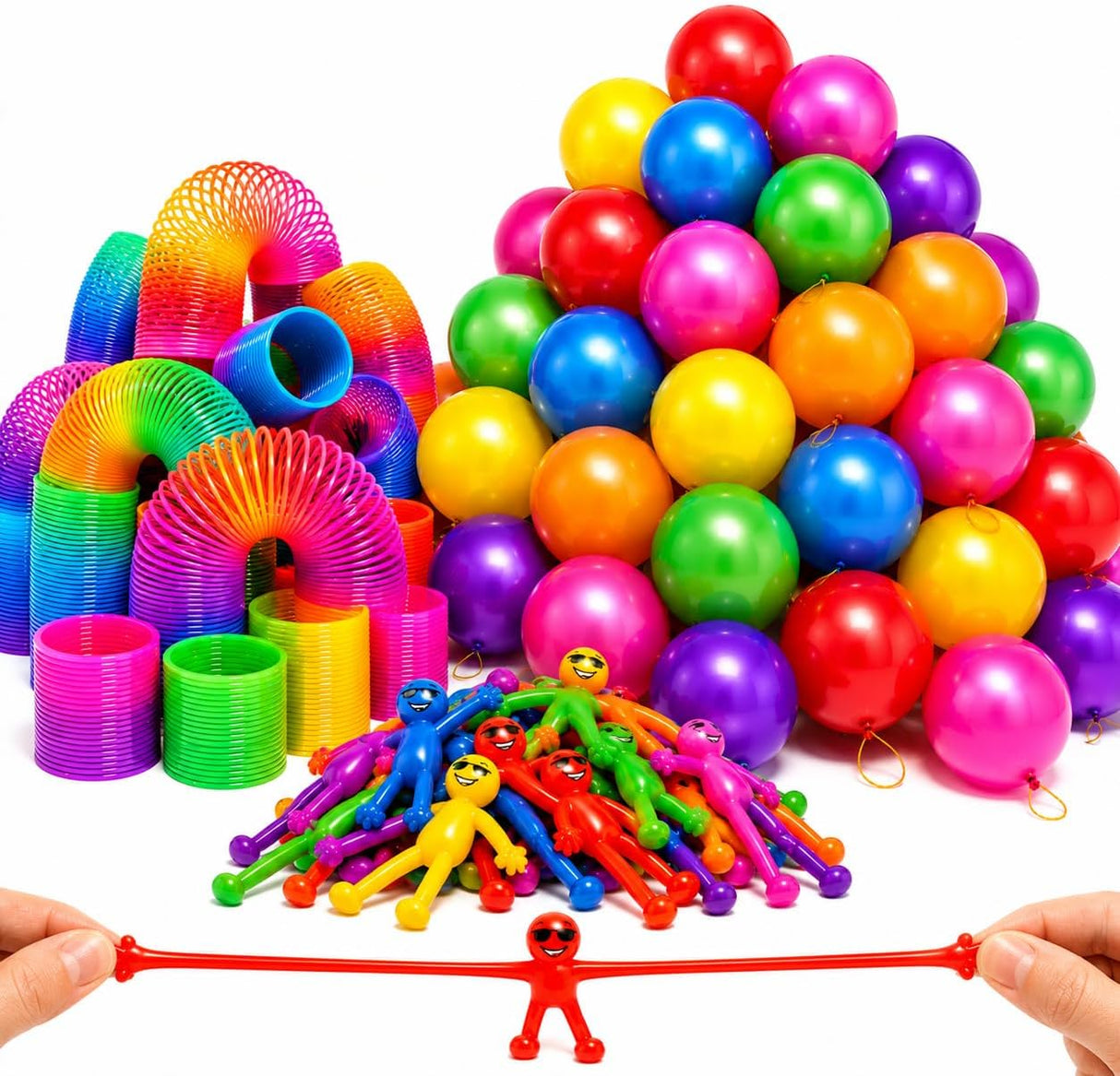 4E’s Novelty 108 Pcs Party Favors for Kids 8-12 – Punch Balloons, Coil Springs, Stretchy Men, Bulk Set