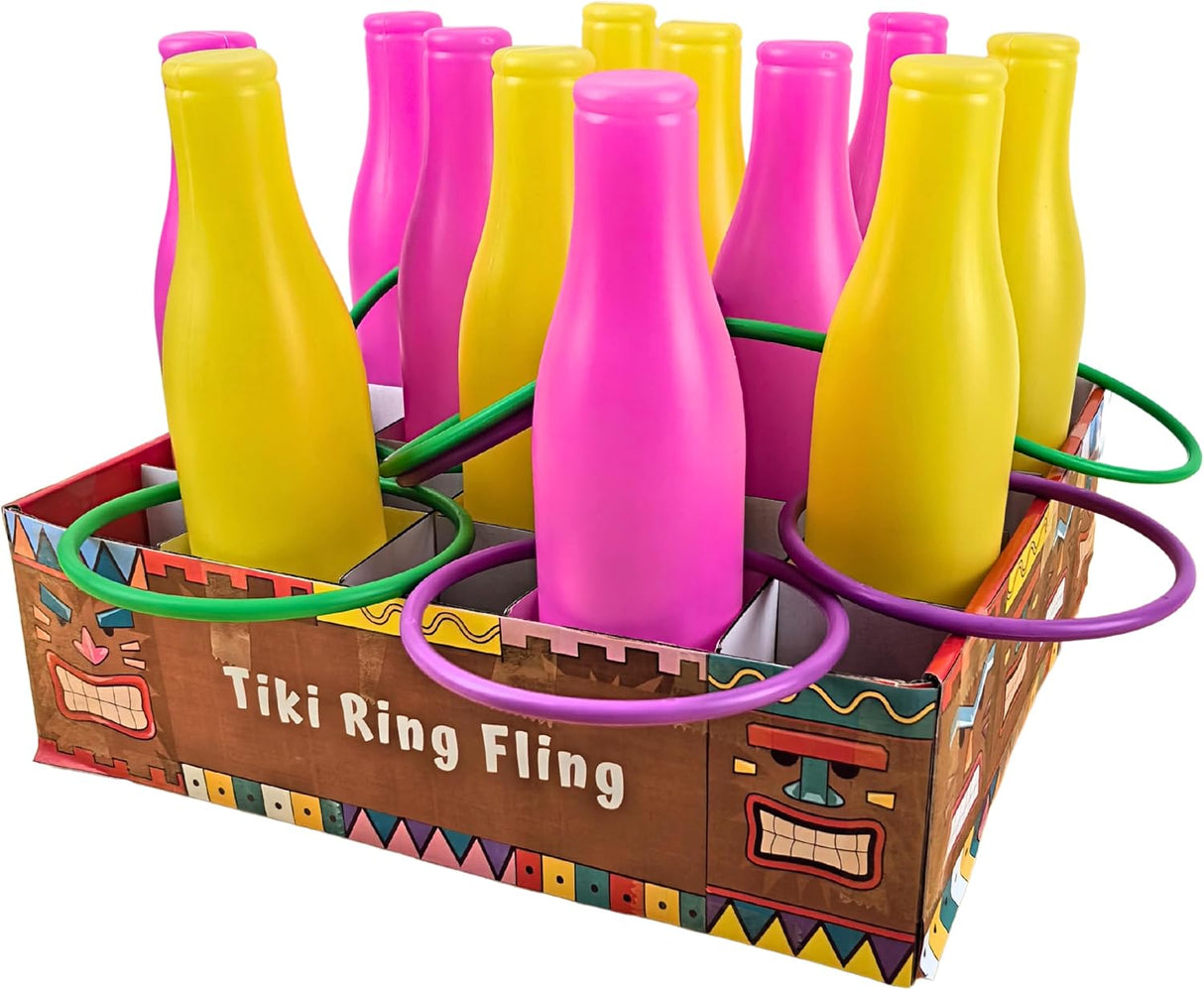 4E's Novelty Tiki Bottle Ring Toss Game Set 12 Colorful Bottles – Fun Luau Party Games for All Ages
