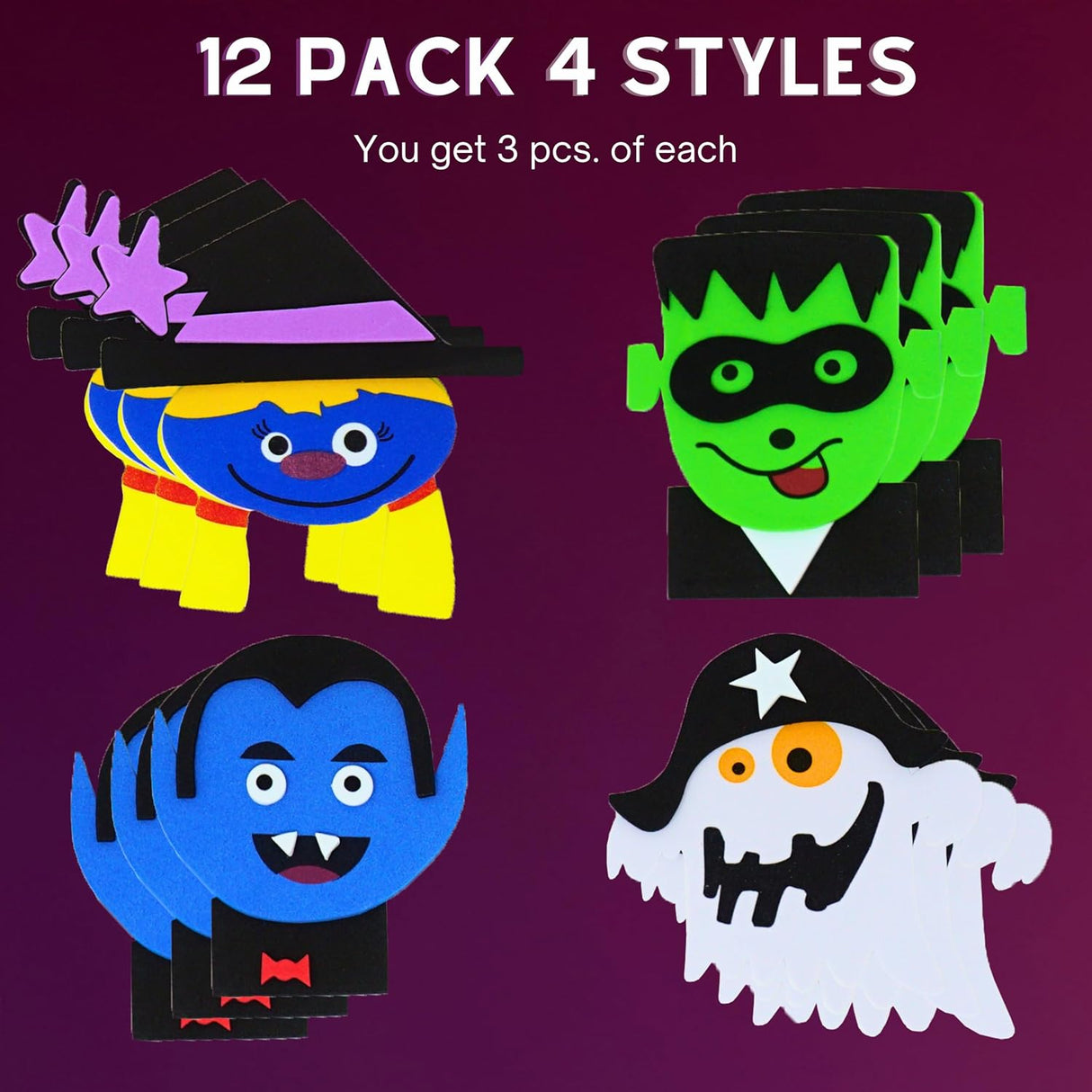 4E's Novelty 12 Pack Halloween Magnetic Monster Craft Kit – Foam Crafts for Kids Ages 3-12, Party Fun