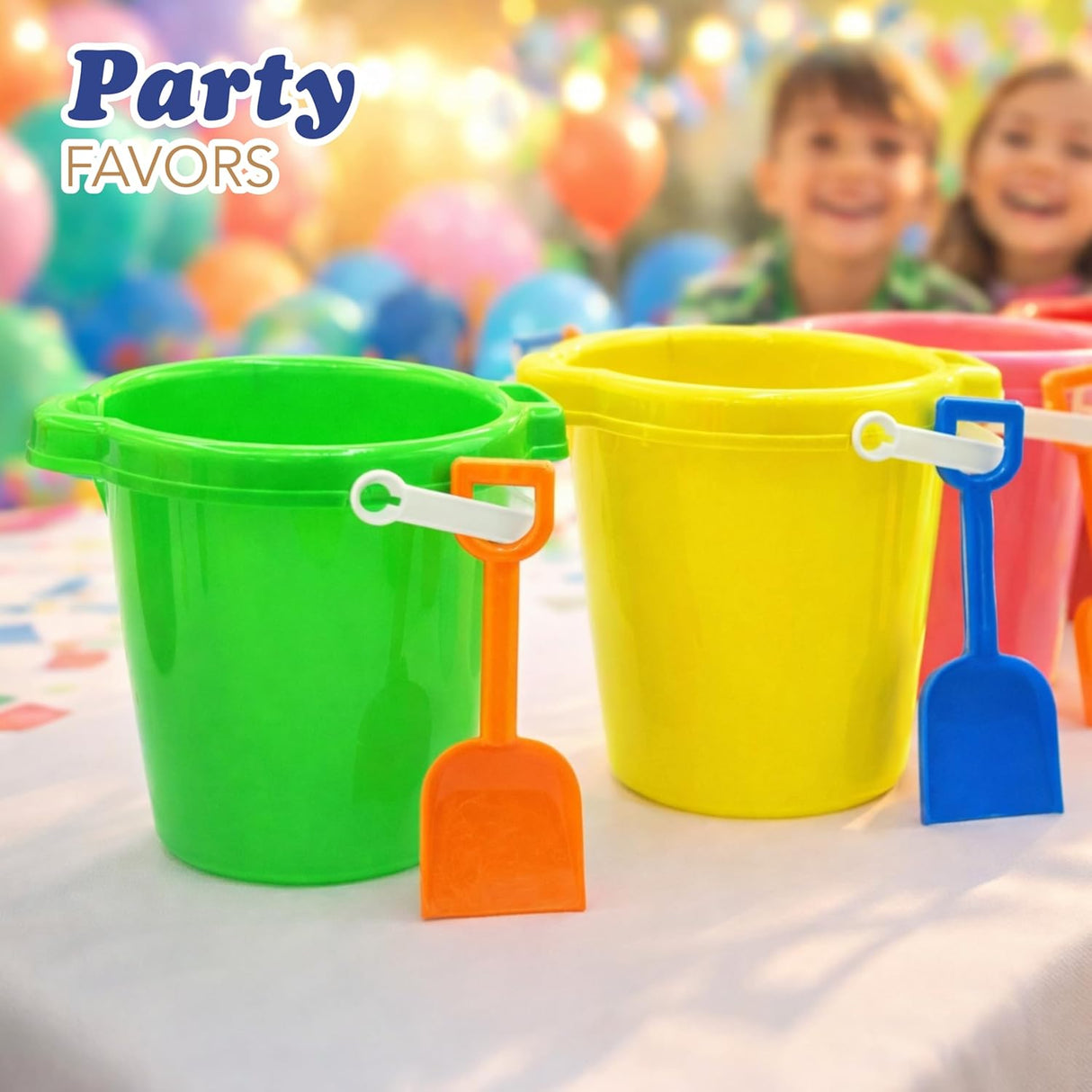 4E's Novelty 6 Pack Beach Buckets with Shovels – 7.5" Sand Pails & Shovels for Kids' Outdoor Play