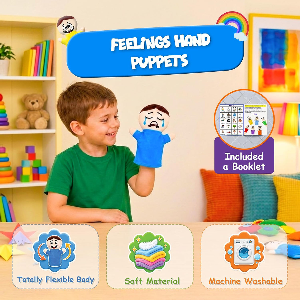 6 Pack Hand Puppets with Emotions - Soft Plush for Kids