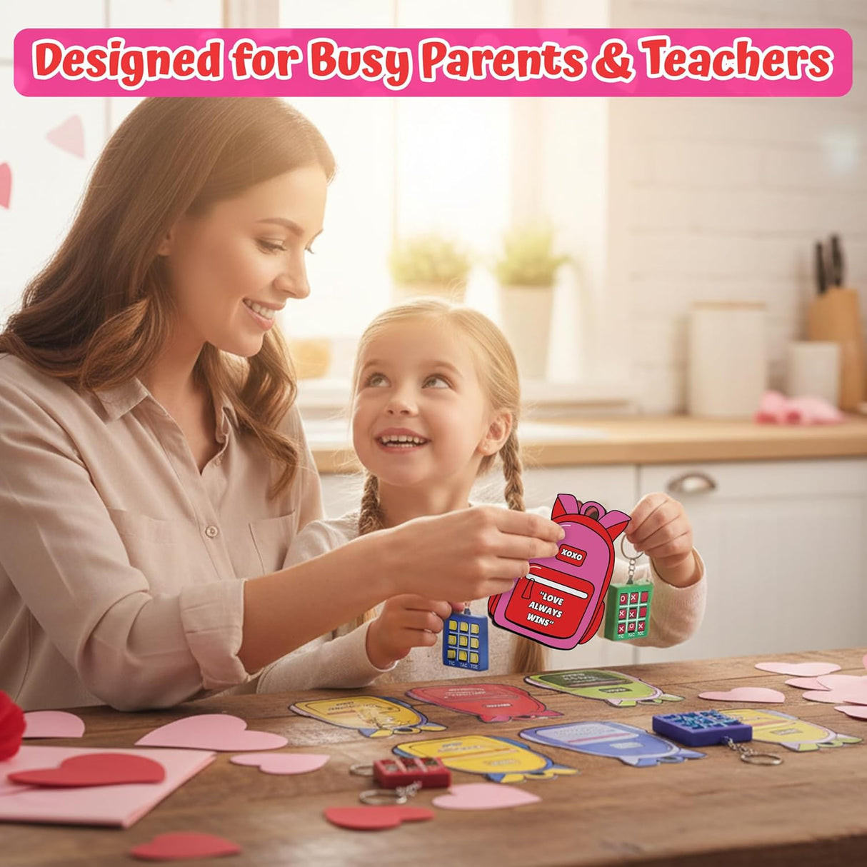 4E's Novelty 24 Pack Classroom Valentine Cards with Tic Tac Toe Keychains
