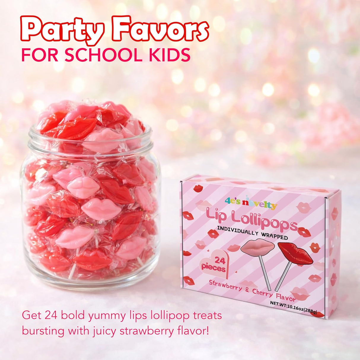 4E's Novelty 24 Pack Lip Lollipops, Individually Wrapped Yummy Lips Lollipop Bulk