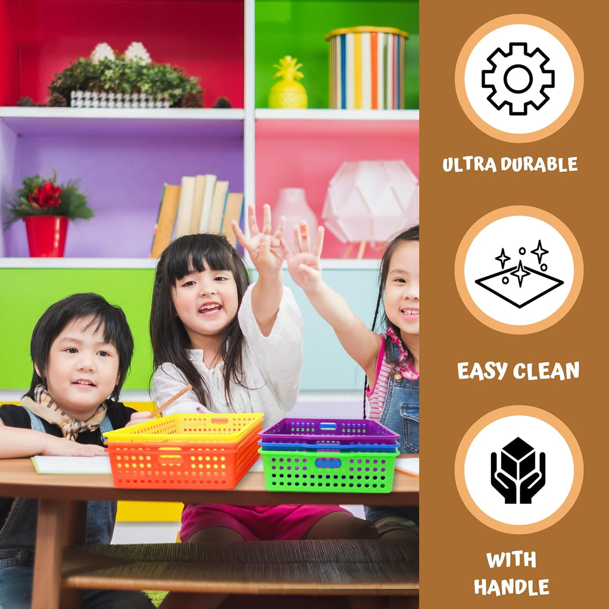 4E's Novelty Colorful Plastic Classroom Storage Bins - 13.75" x 10.25" for Organizing Papers, Pencils, Arts & Crafts, Rainbow Containers