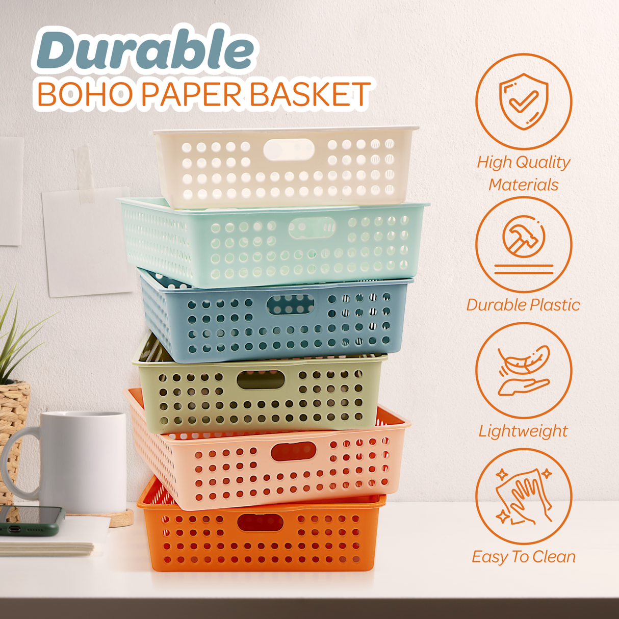 4E's Novelty 6 Pack Classroom Paper Baskets, Organizing Desk Boho Tray