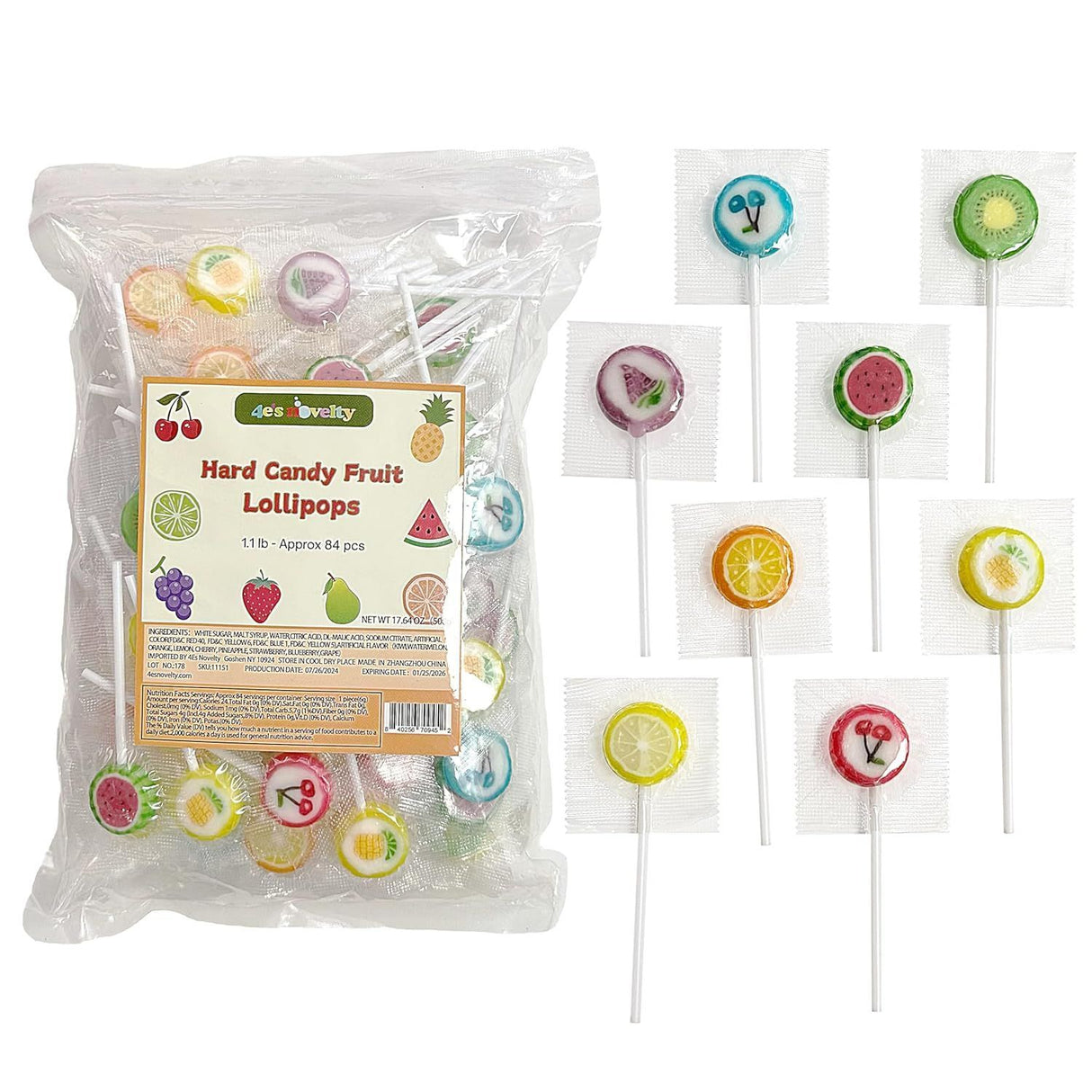 4E's Novelty Fruit Lollipops Bulk Set – 84 Individually Wrapped Suckers for Parties & Treat Bags, 1.1lb