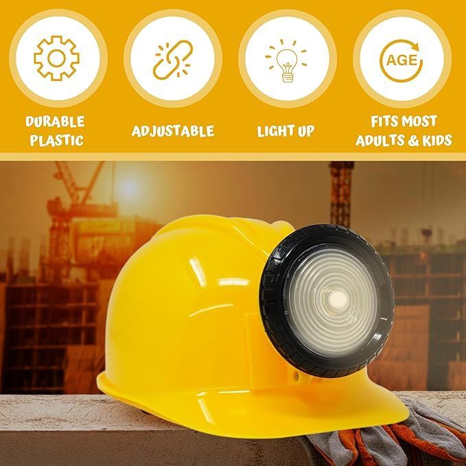 4E's Novelty Adjustable Yellow Construction Worker Hard Hat with LED Light for All Ages