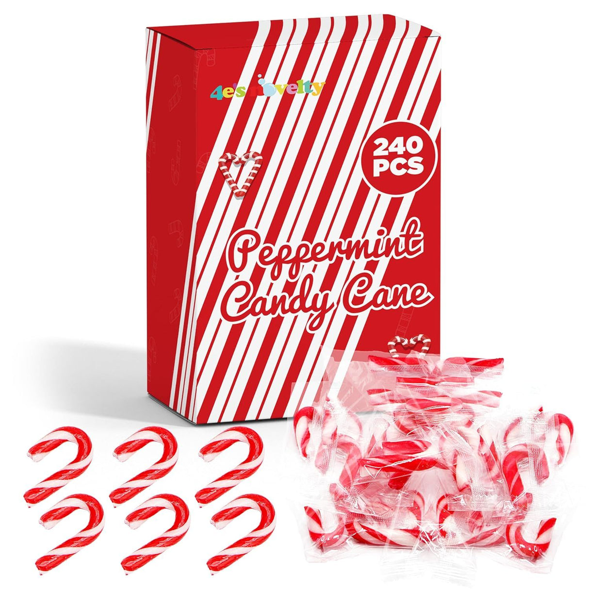 4E's Novelty 240 Pack Christmas Mini Individually Wrapped Candy Canes, Red and White Peppermint Candy Canes, Treats for Holiday Stockings