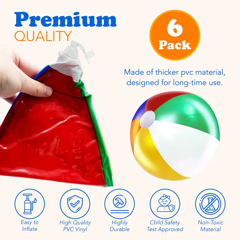 4E's Novelty Beach Balls [6 Pack] 20" Inflatable Beach Balls for Kids - Pool Games Toys for Kids & Toddlers, Classic Rainbow Color