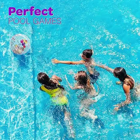 Children playing with a ball in a pool.
