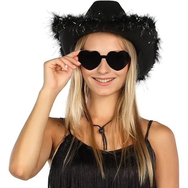Feathered Cowboy Hat & Heart Sunglasses for Women