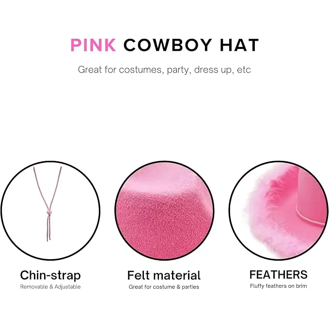 Pink Cowgirl Hat with Feathers & Heart Sunglasses Set for Women & Girls