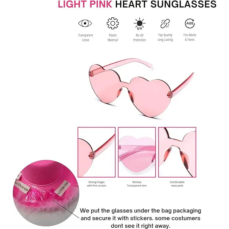 Pink Cowgirl Hat with Feathers & Heart Sunglasses Set for Women & Girls