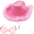 Pink Cowgirl Hat with Feathers & Heart Sunglasses Set for Women & Girls