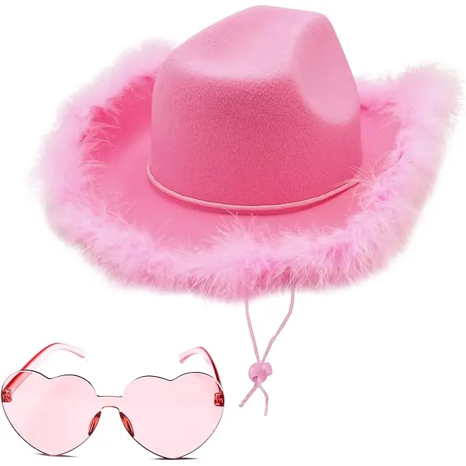 Pink Cowgirl Hat with Feathers & Heart Sunglasses Set for Women & Girls