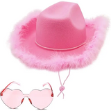 Pink Cowgirl Hat with Feathers & Heart Sunglasses Set for Women & Girls