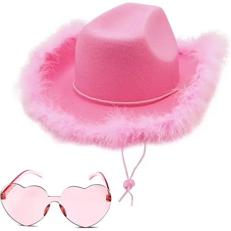 Pink Cowgirl Hat with Feathers & Heart Sunglasses Set for Women & Girls