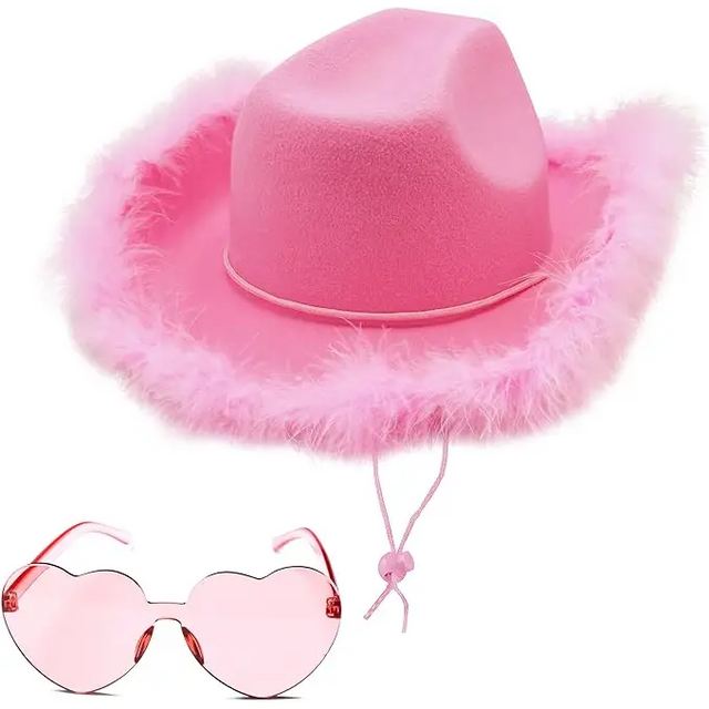 Pink Cowgirl Hat with Feathers & Heart Sunglasses Set for Women & Girls