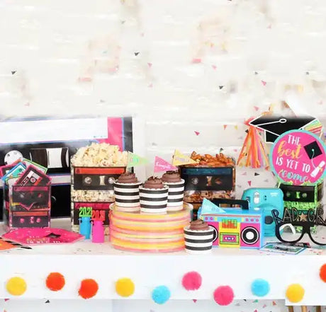 Retro-themed graduation party decorations.