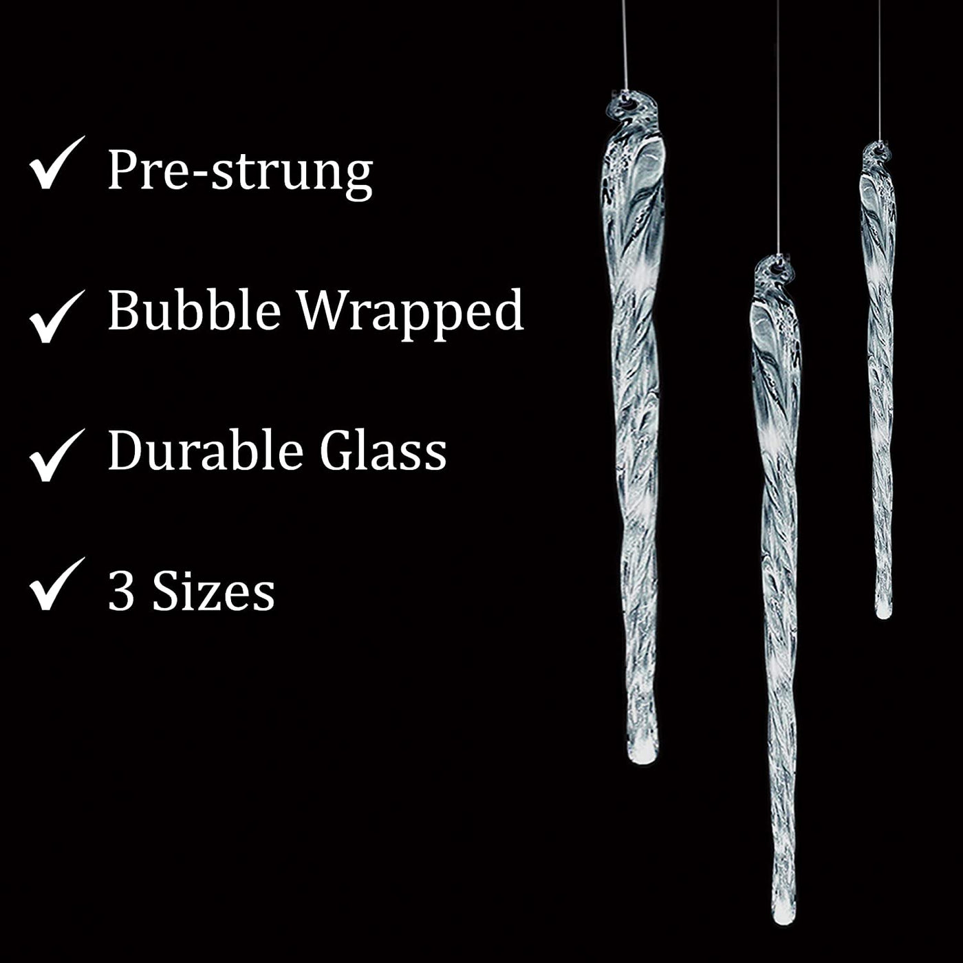 Large Glass Icicle Ornaments for Christmas Tree 7", 5.5", 3.5" (Set of 24) Bulk Christmas Icicle Ornaments Elegant Crystal Look Hanging Decorations by 4E's Novelty