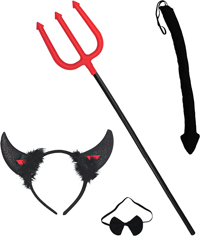 4E's Novelty 4 Pcs Black Devil Costume Set, Devil Horns Headband, Devil Tail, Devil Pitchfork, Bowtie - 4 Pcs Accessories Kit for Devil Costume for Adults Women, Men, Kids