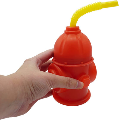 4E's Novelty Fire Hydrant Straw Cups With Lids (4 Pack) 12oz - for Firefighter Birthday Party Favors, Fire truck & Fireman Party Decorations, Rescue Marshall Party